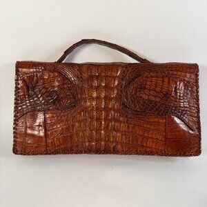 Vintage Genuine Crocodile Leather Handmade 1950s -70s Clutch Wallet Brown Purse